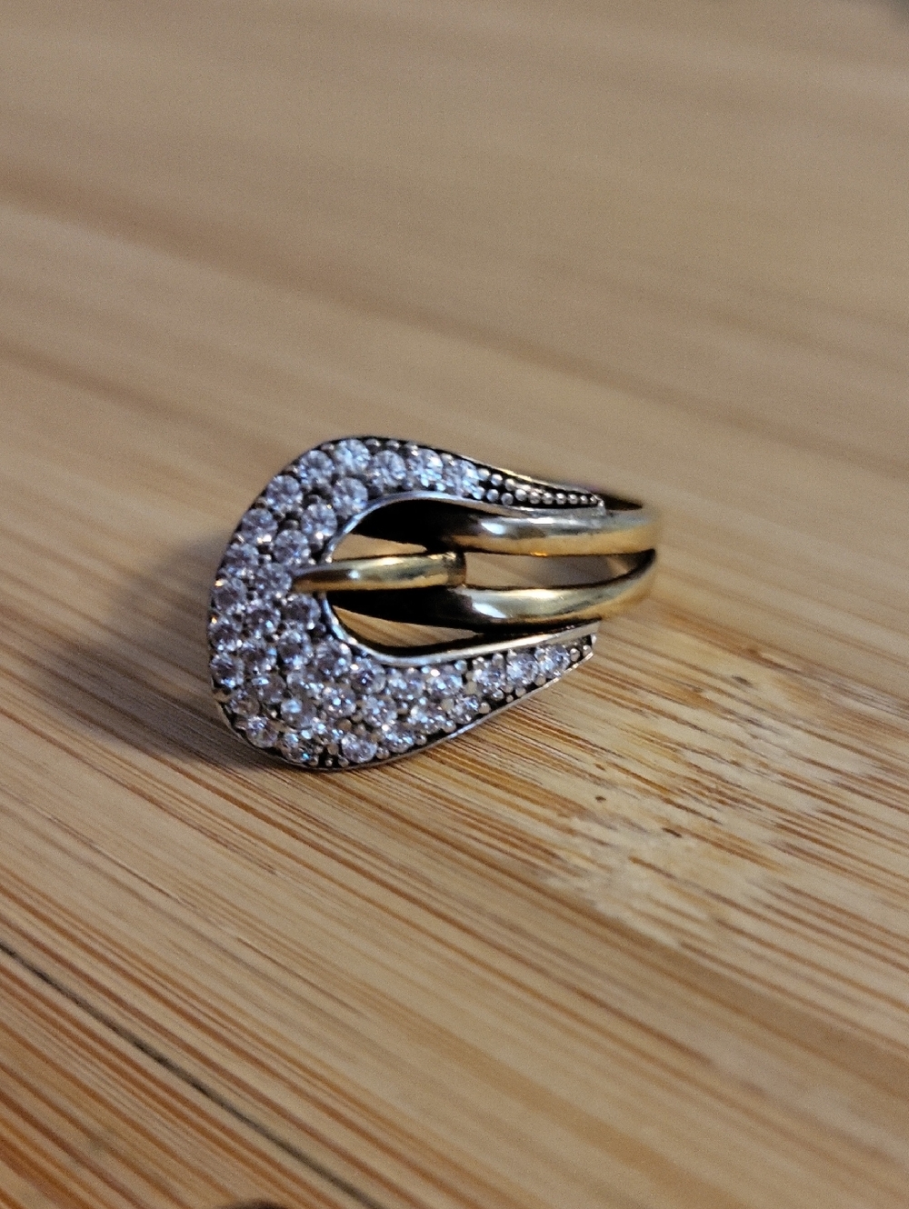 Vintage 925 Sterling Silver Gold Vermeil CZ Swoop Or Belt Ring